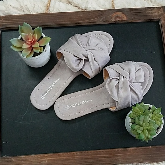 Light Gray Bowtie Faux Suede Slider Sandal - Picture 2 of 4